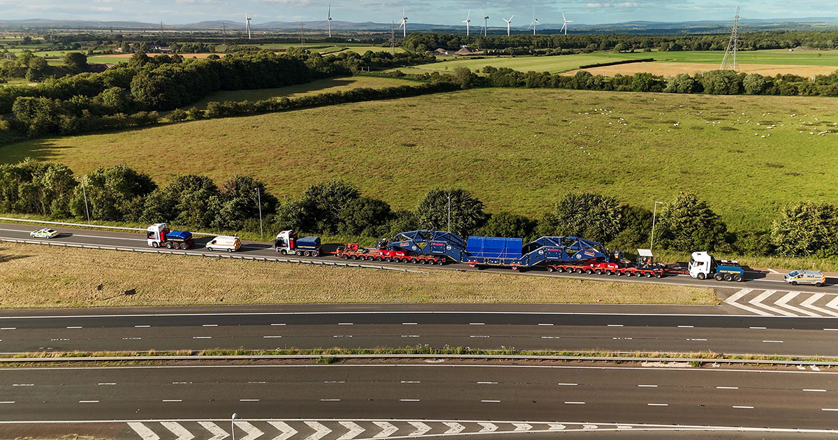 Collett's Girder bridge trailer, loaded with a stator, contraflowing a slip road