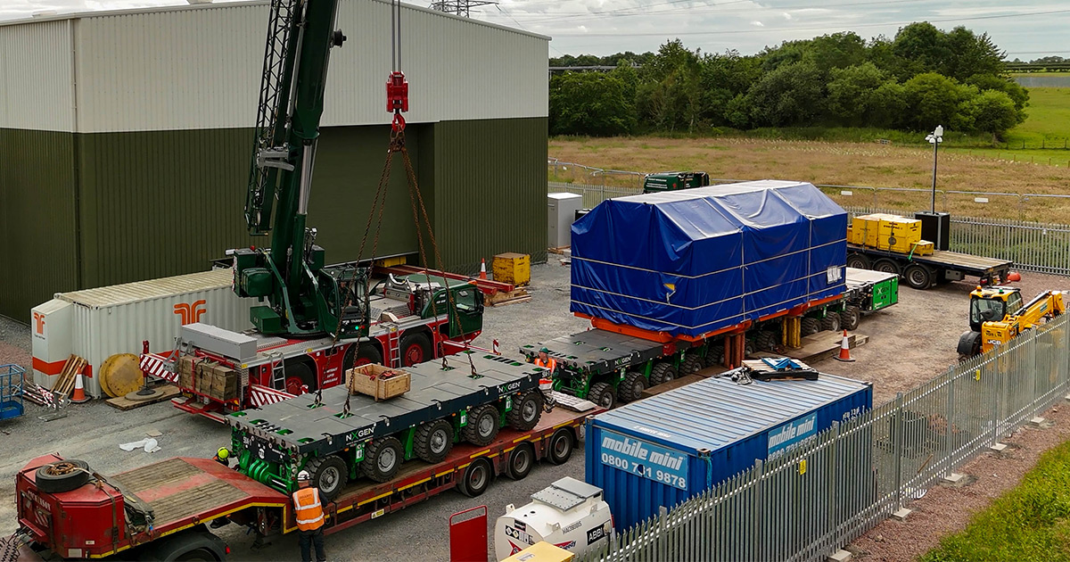 16-axle SPMT being reconfigured to an 11-axle configuration after arrival at Gretna Grid Stability Facility Site.